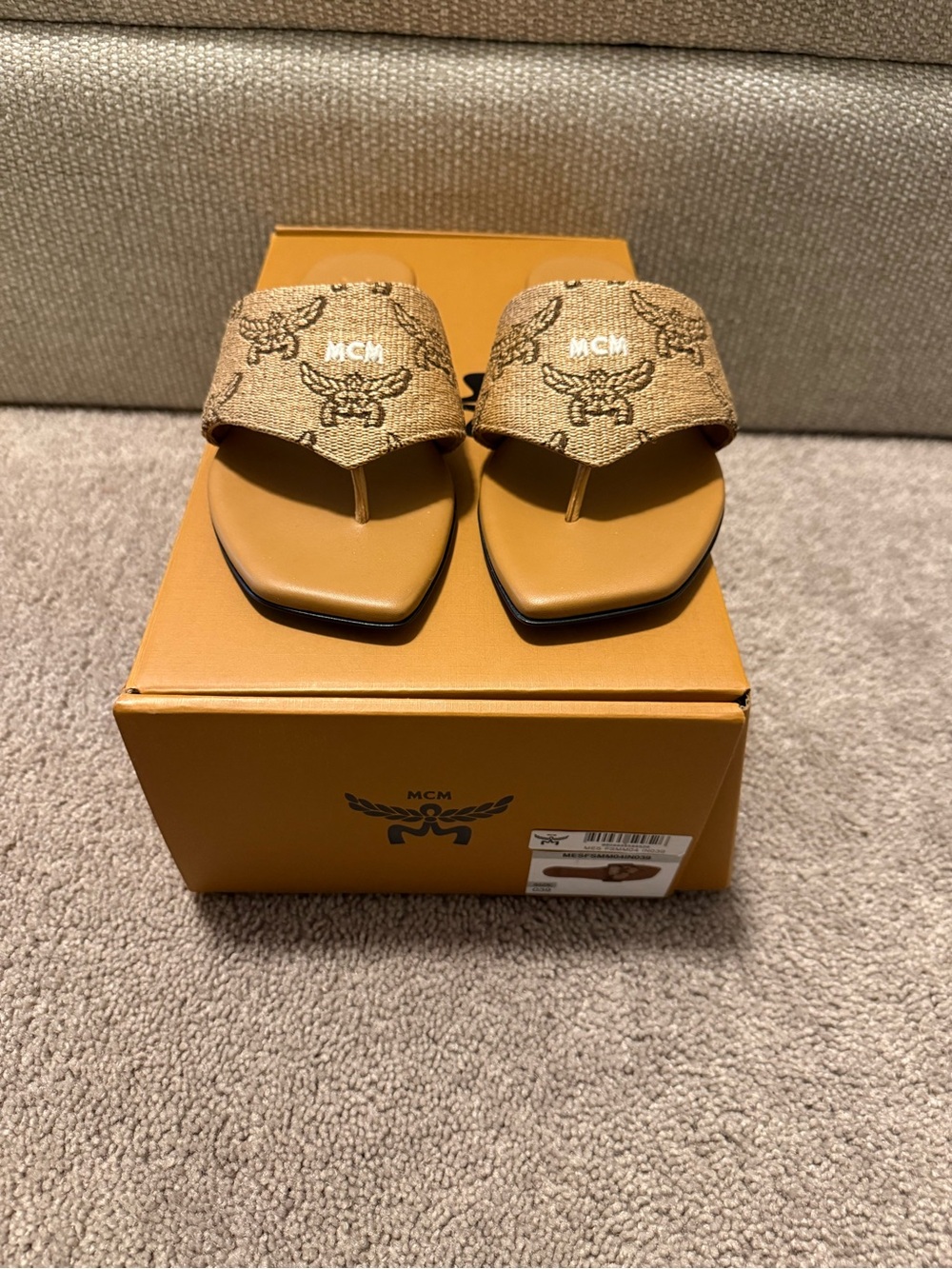 MCM Tan Monogram Canvas Thong Sandals